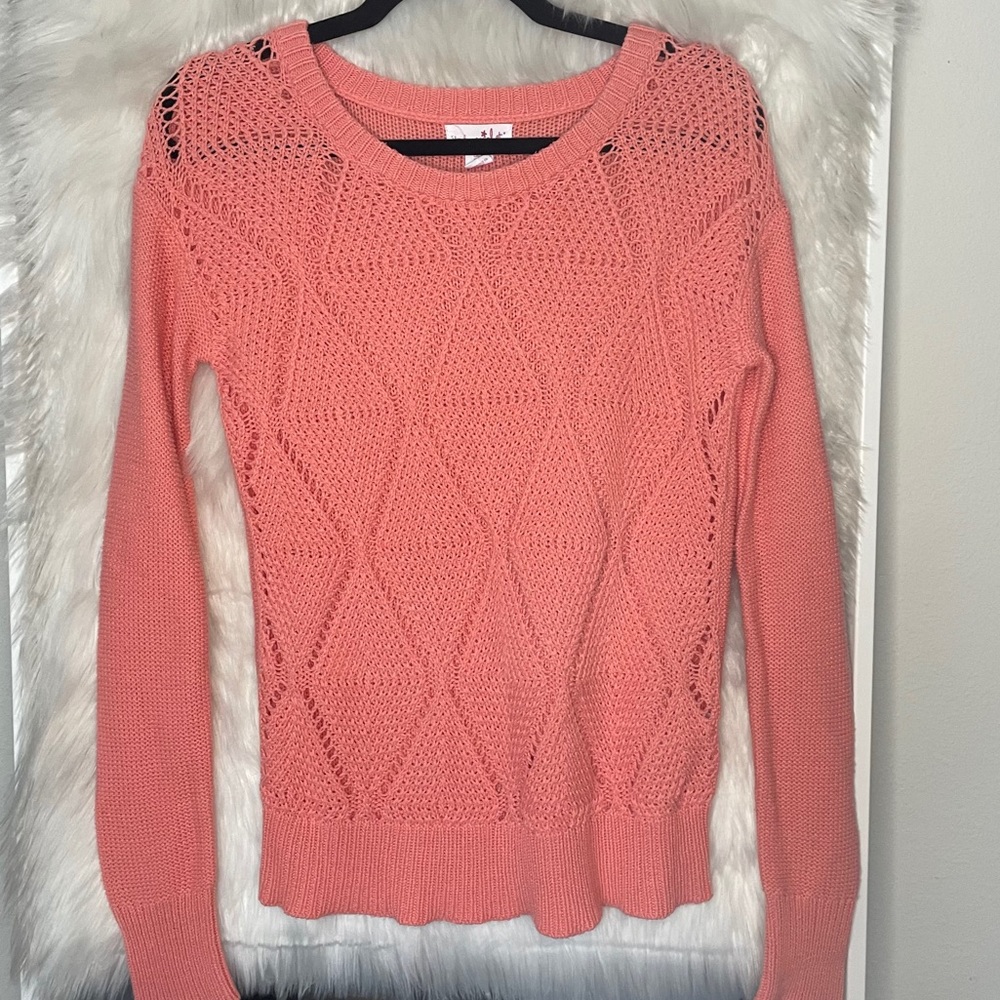 Shrinking Violet Argyle open knit coral sweater S